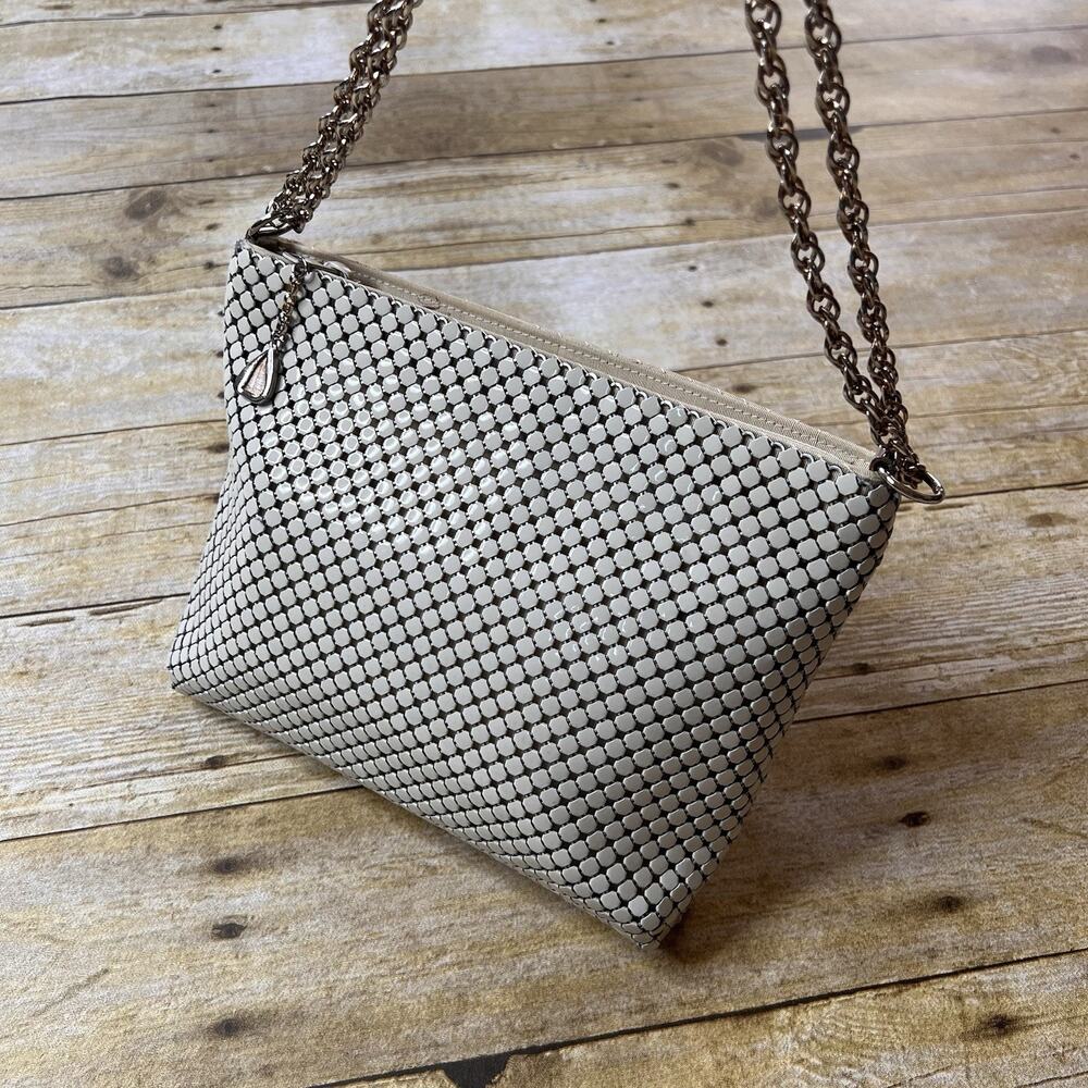 Vintage 70’s Whiting & Davis White Mesh Cross Body Bag Zip Closure Gold Strap